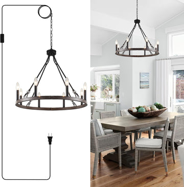 Plug in Chandelier Wagon Wheel, 8 Light 23.6'' Round Farmhouse Hanging Light with Plug in Cord