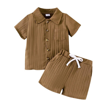 Toddler Boy Clothes Ribbed Button Shirt + Shorts 2pcs L-Brown