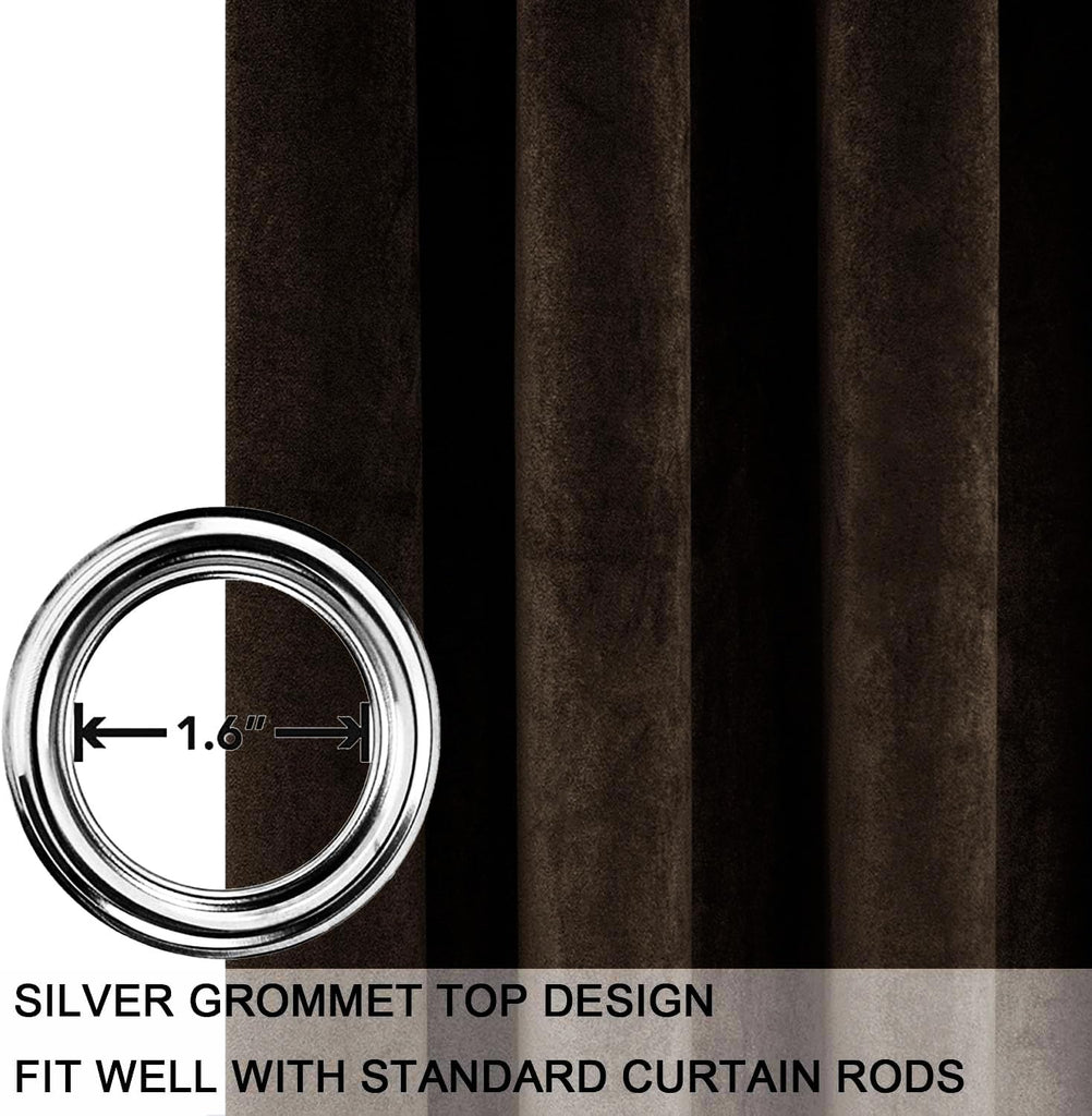 Brown Luxury Velvet Curtain Panels with Grommet, Insulated Soft Privacy Noise Reducing Velvet Window Drapes
