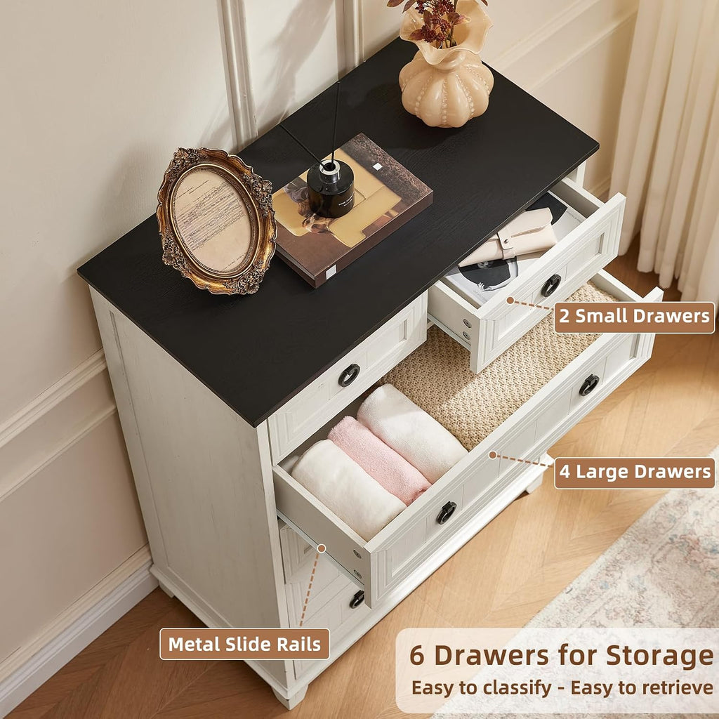 Farmhouse 6 Drawer Dresser , 41" Tall Small Dressers & Chest of Drawers, Rustic Wood Dresser with Metal Handle