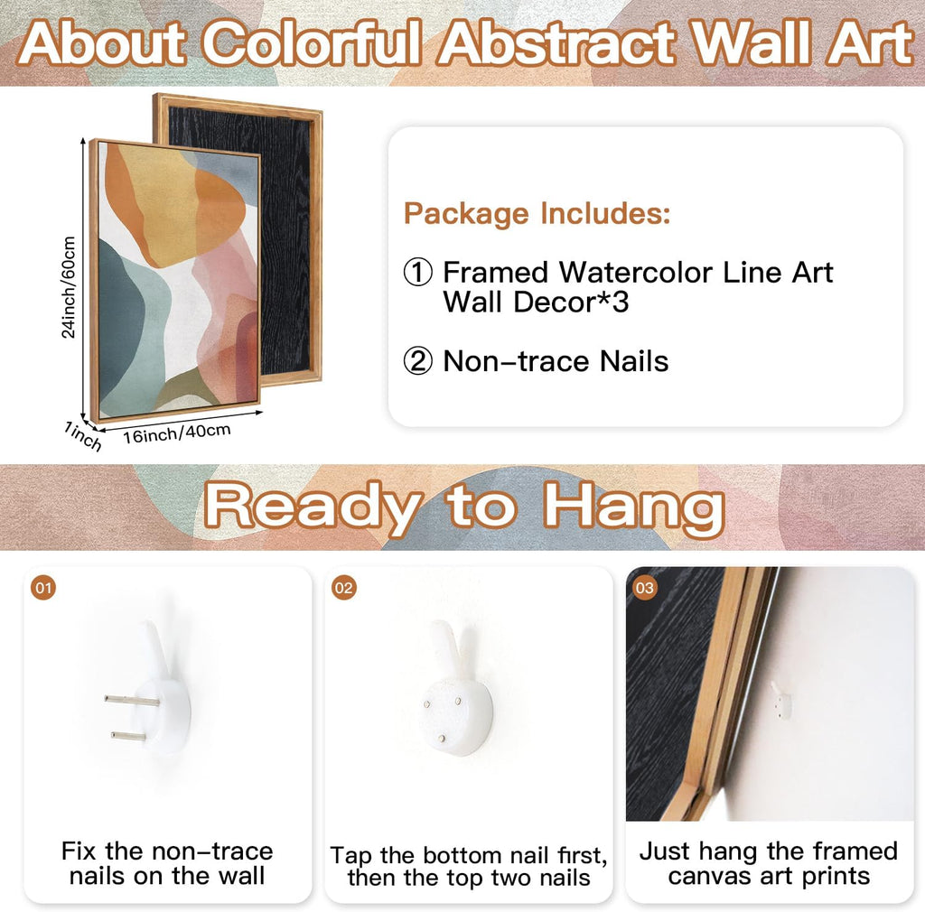 Abstract Watercolor Framed Canvas Wall Art Paintings(16"x24"), 3 Panels Colorful Red Green Yellow Blue White Artwork