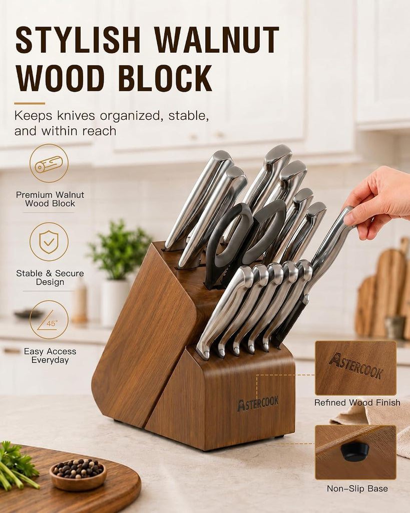 Knife Set 15 Piece German Steel Kitchen Knife Block Set | Wooden Block with Built-in Sharpener, One-Piece Design