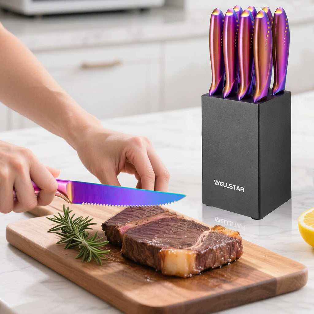 Steak Knives Set of 8 with Wood Block, 4.75 Inch Rainbow Serrated Steak Knife Set, Razor Sharp German Stainless Steel