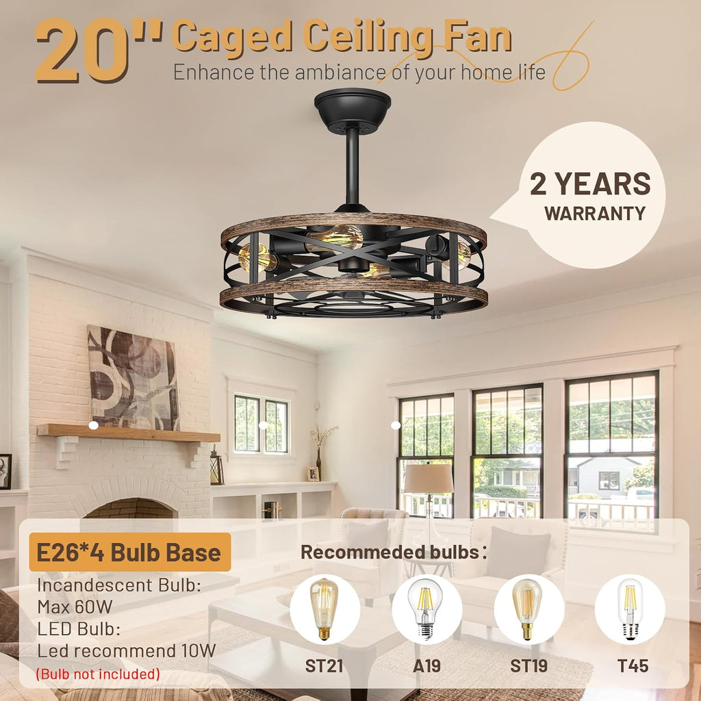 20in Caged Ceiling Fan with Lights, Low Profile Ceiling Fan