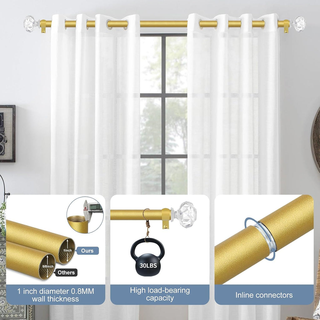 Gold Decorative Crystal Curtain Rods: Heavy Duty Adjustable Window Curtain Rods for Bedroom Living Room