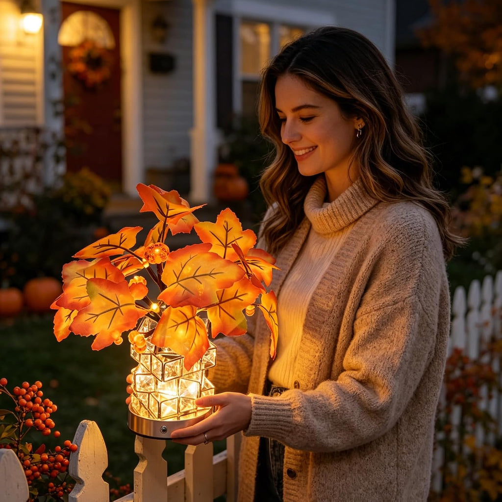 Crystal Cube LED Maple Leaf & Pumpkin Fall Centerpiece Lamp Desk Home
