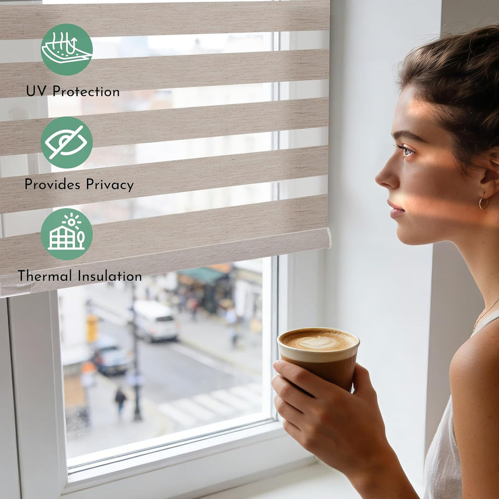 Linen Zebra Blinds for Indoor Windows, No Drill No Tools Windows Shades for Home, Light Filtering Shades for Privacy