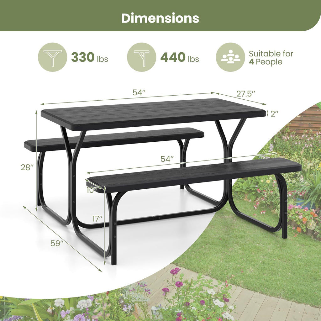 Picnic Table, 59" Plastic Picnic Table with Benches, Steel Frame & Wood-Like Texture Tabletop, Expanded Rectangular