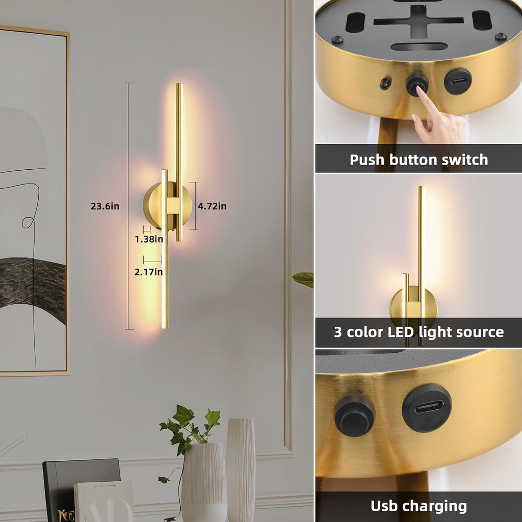 Battery Operated Wall Sconce Set of 2,Gold 23.6" 3000K-6500K LED Dimmable Wall Sconces with Remote Control,Wireless