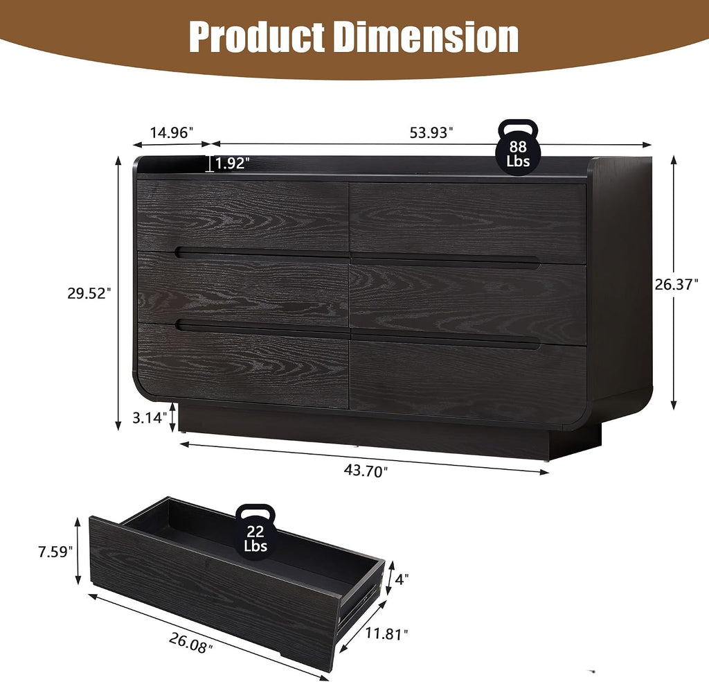 Curved 6 Drawer Dresser , Modern 53-Inch Chest of Drawers, Wood Storage Dresser Organizers with Hidden Handles, 6