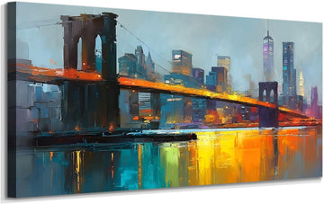 New York Brooklyn Bridge Canvas Wall Art | HD Print, night view cityscape painting, artwork for wall