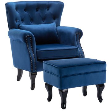 Mid-Century Accent Chair with Ottoman Modern Button Tufted Armchair Wingback Club Chair Velvet Single Sofa Lounge