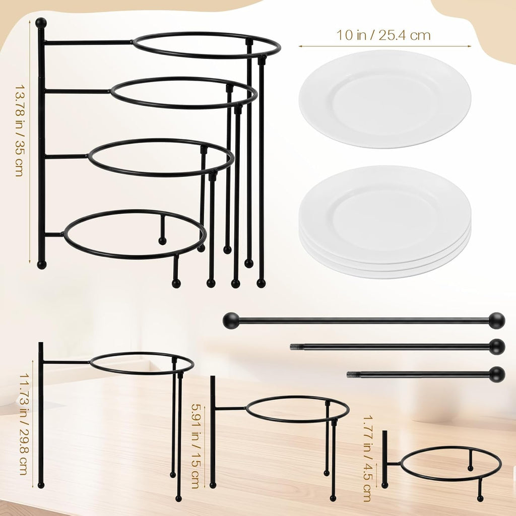 4 Tiered Serving Stand with 4 White Porcelain Plates 10 Inch Round Trays Black Metal Dessert Stand Rotating Serving