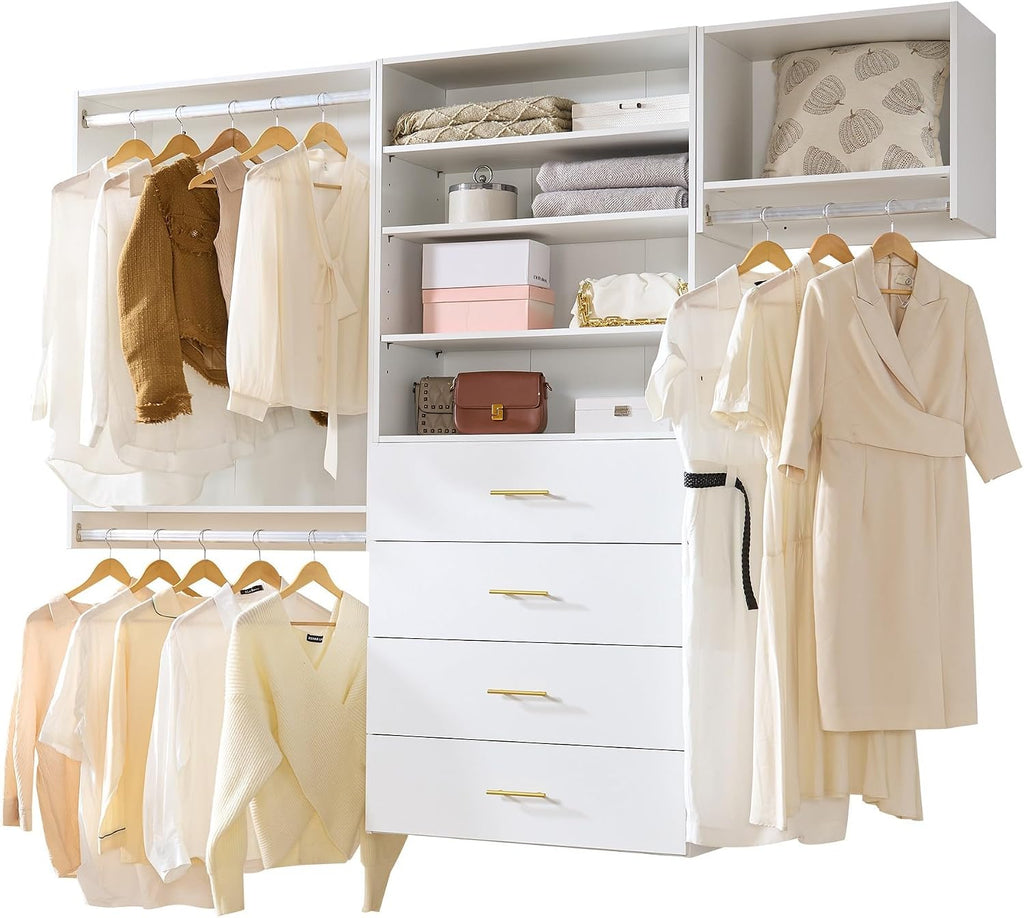 76.5" Modular Closet System, White MDF Walk-In Closet Organizer with Double Hanging Rods, Adjustable Shelves, 4