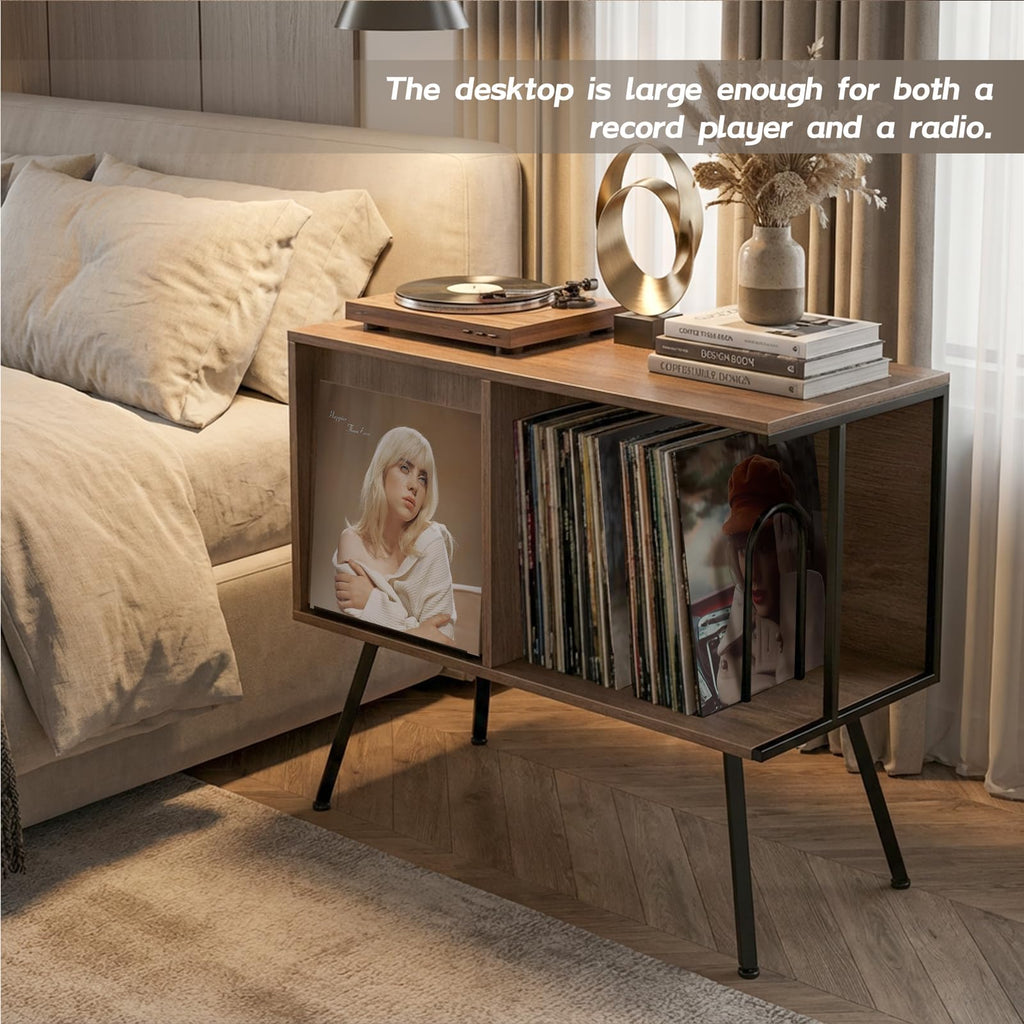 Record Player Stand with Flip-Down Record Shelf, Walnut
