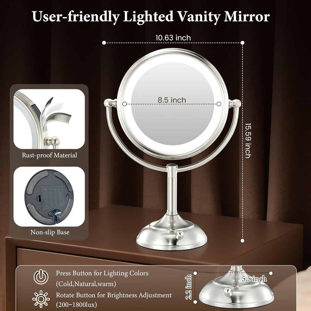 Professional 8.5" Large Lighted Makeup Mirror with Brighter Lights, 1X/10X True HD Magnifying Mirror with 3 Color