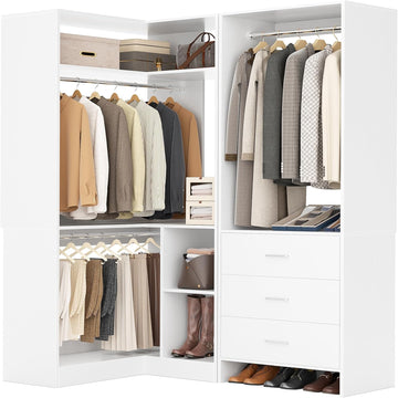 Closet System with 3 Drawers, 2 Hanging Rods & Corner Tower, Corner Closets System with Hanging, L-Shaped Walk-In