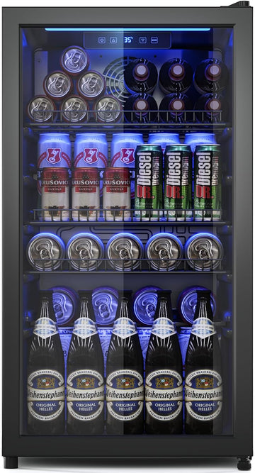 Beverage Fridge, 130 Can Mini Fridge With Glass Door, Beverage Cooler Refrigerat