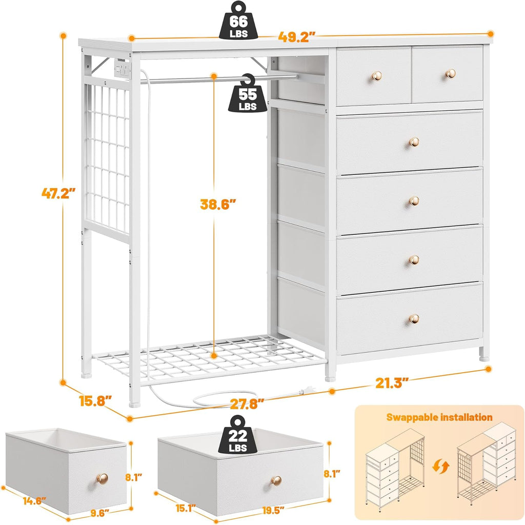 49.2" W Dresser with Hanging Rack & 6 Drawers, Grid Panel & 4 Hooks | Featuring LED Lights and Charging Station