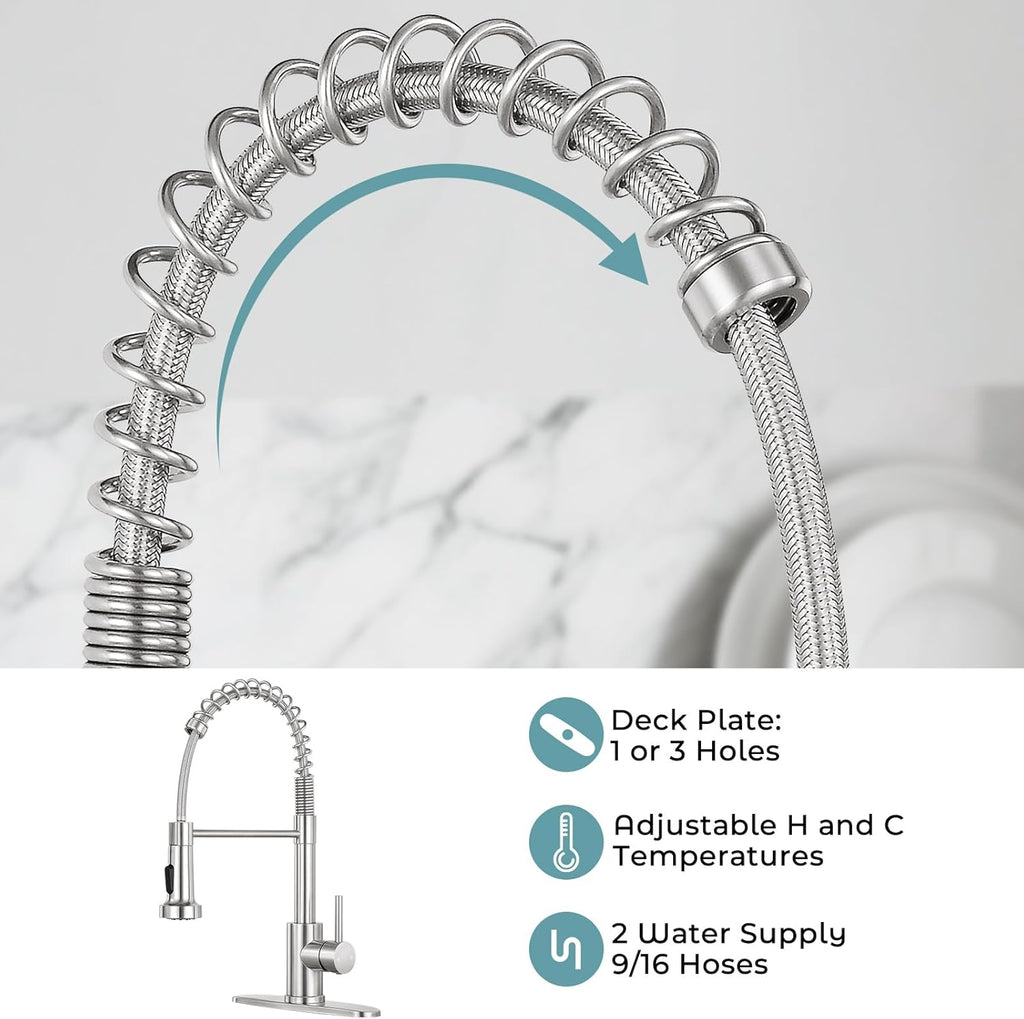 Kitchen Faucet with Pull Down Sprayer,Commercial Single Handle Stainless Steel Kitchen Faucets with Deck Plate (Brush