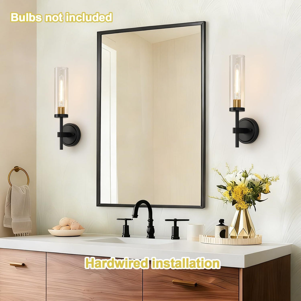 Hardwired Wall Sconces Set of Two, Black and Gold Bathroom Sconces with Clear Glass, Modern Wall Light Fixtures