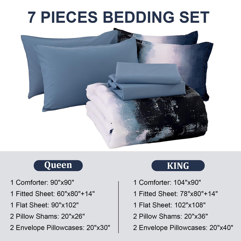 Ombre Blue Comforter Set Queen Size Gradient Navy Blue Black Boho Bedding Set for Teen Men Women 7 Pieces Bed in A