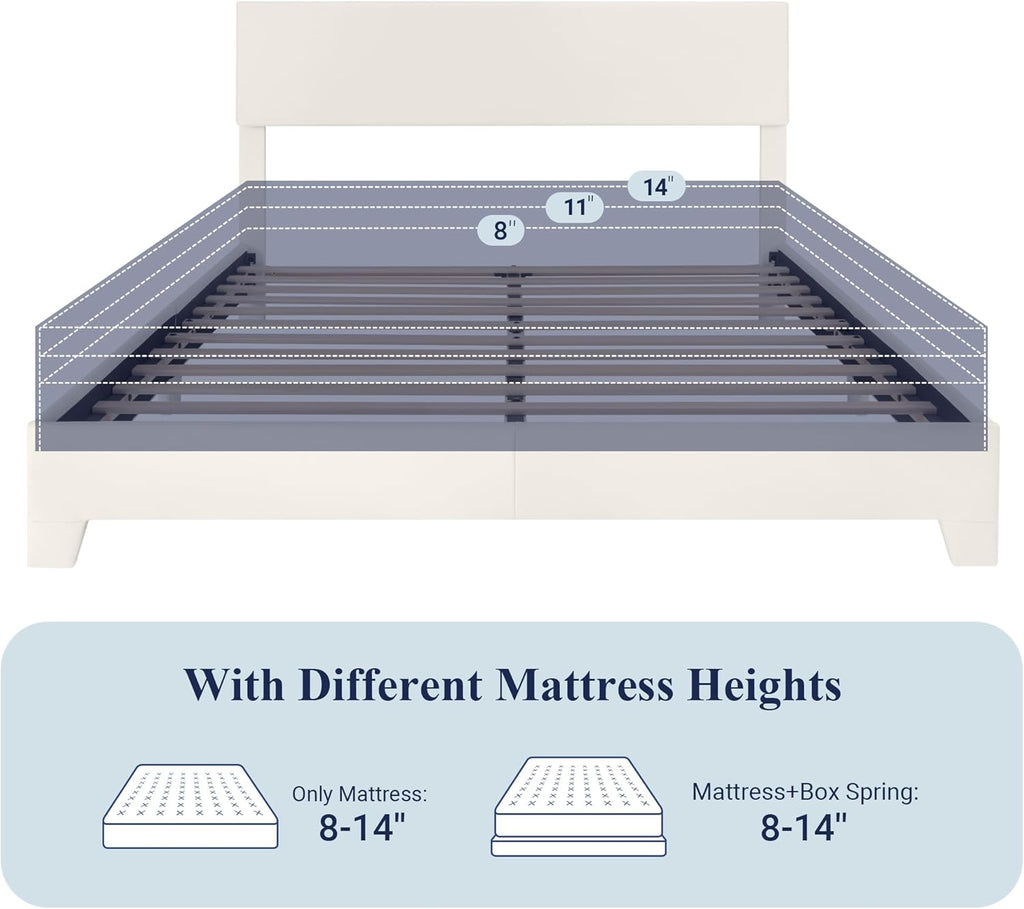 Full Bed Frame with Adjustable Headboard, Faux Leather Platform Bed with Wood Slats, Heavy Duty Mattress Foundation