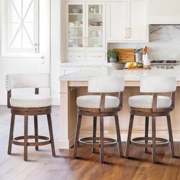 Swivel Counter Height Bar Stools Set of 3, 25 Inch Modern Upholstered Kitchen Island Barstools with Back, Wood Swivel