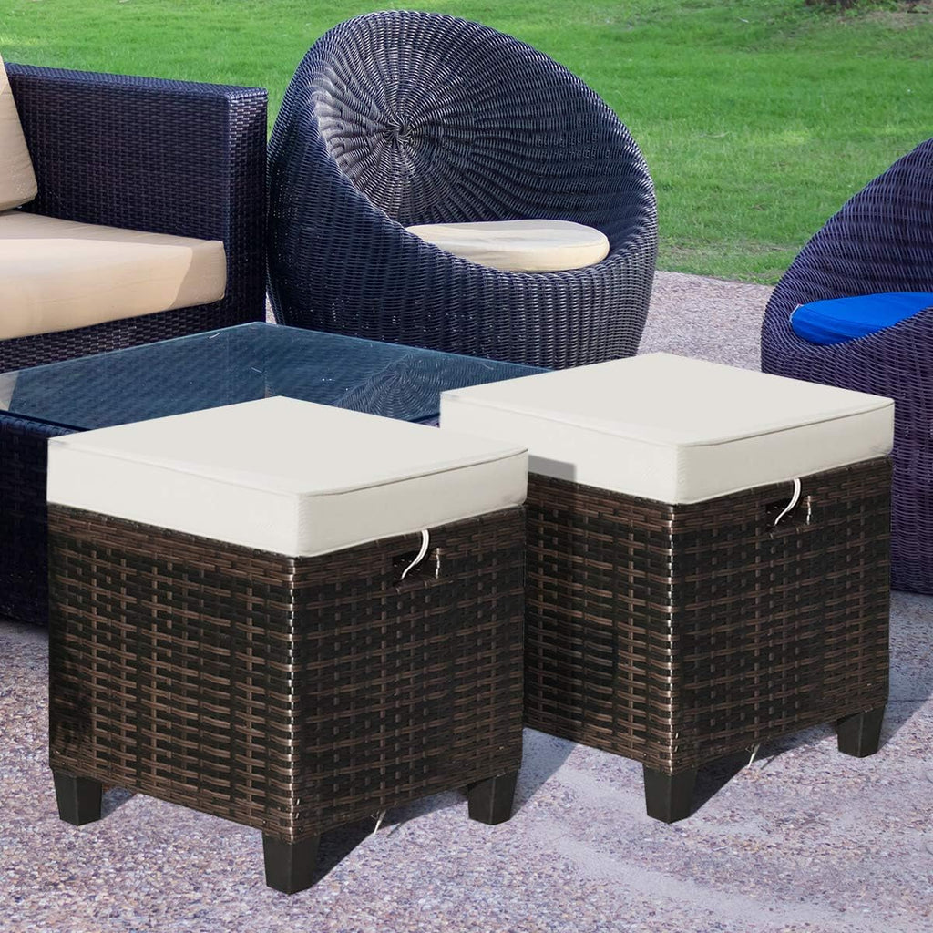 2-Piece Patio Ottoman Set - Wicker Footstools | All Weather PE Rattan Square Footstool, Removable Light Brown