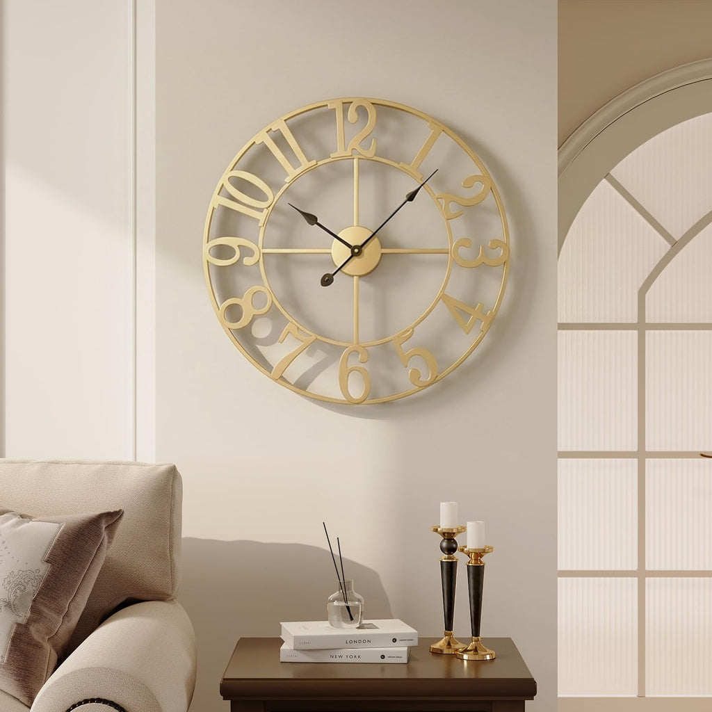 Gold Wall Clock Decor, 24 Inch Large Metal Clock