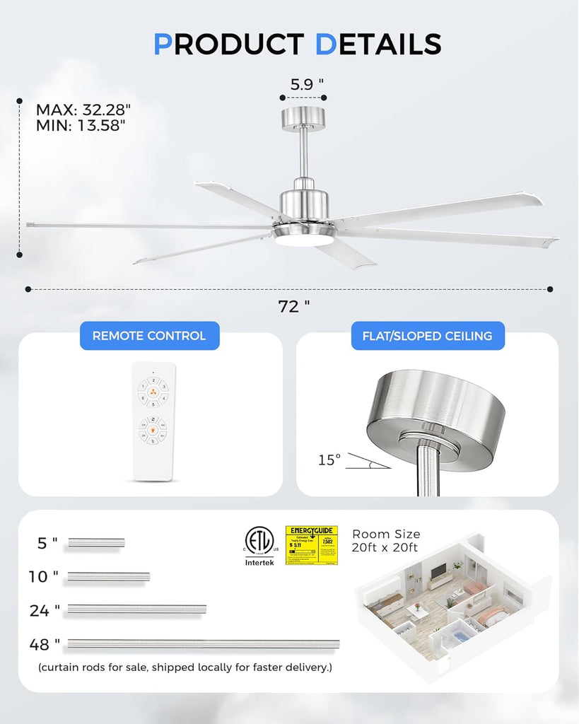 72 Inch Ceiling Fan with Light, Industrial Aluminum Blades, DC Motor 6 Speed Reversible,Covered Outdoor Space