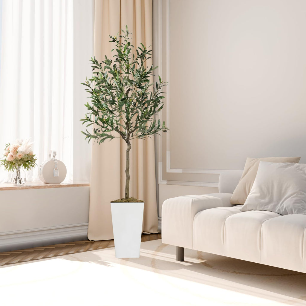 Artificial Olive Tree, 6ft Tall Fake Olive Trees with White Square Planter and Fake Moss for Indoor, Faux Olive Silk