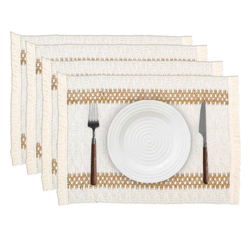 Boho Placemats Set of 4, 12x18 Inch Natural Cotton Burlap and Kitchen Woven Thanksgiving Placemats with Tassels for