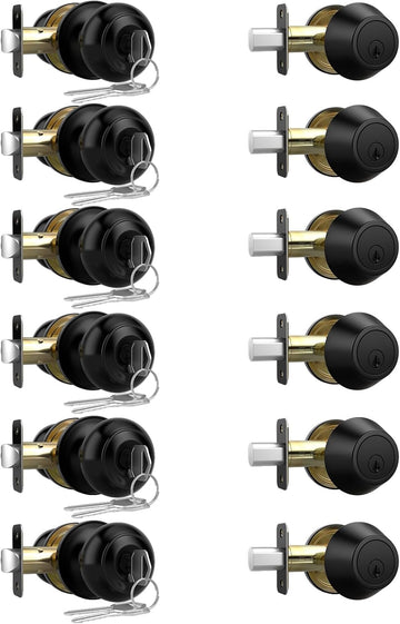 6 Pack Keyed Alike Exterior Door Knob with Lock, Single Cylinder Deadbolt Lock and Entry Door Knob Set