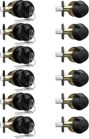 6 Pack Keyed Alike Exterior Door Knob with Lock, Single Cylinder Deadbolt Lock and Entry Door Knob Set