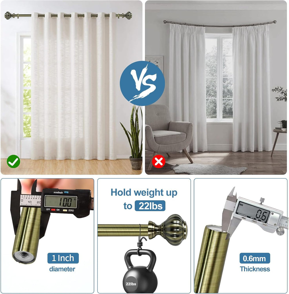 1-inch Diameter Doorknob Adjustable Single Drapery Curtain Rod, Antique Brass