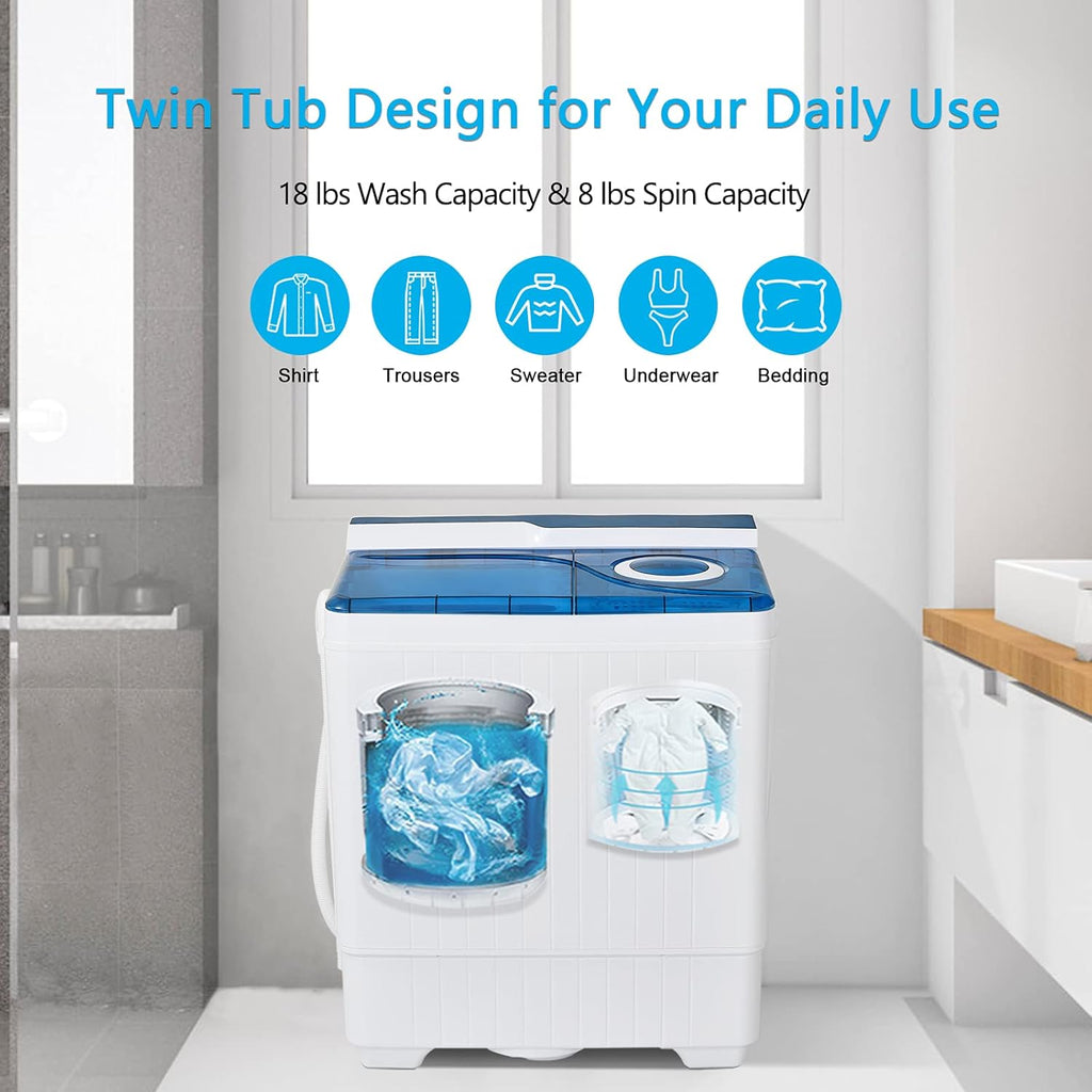 Portable Washing Machine, Twin Tub 26 Lbs Capacity, 18 Lbs Washer and 8 Lbs Spinner, Compact Washer with Control Knobs