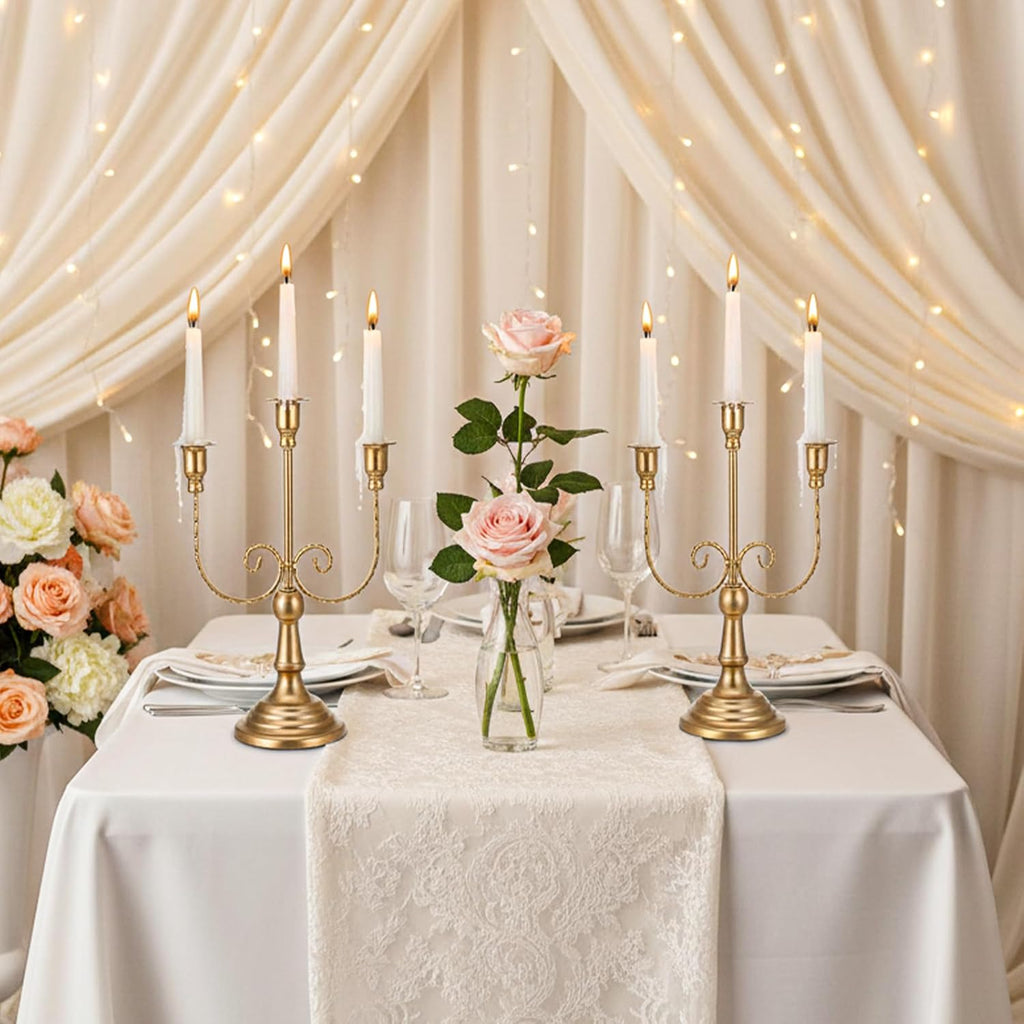 2 Pcs 3 Arm Gold Candelabra, 11.6" Metal Candle Holders Candelabra Centerpieces for Tables Theme Party Table