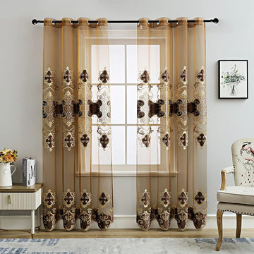 Luxury Embroidered Sheer Curtains for Living Room Chocolate Tulle Curtains for Bedroom with Velvet Embroidered