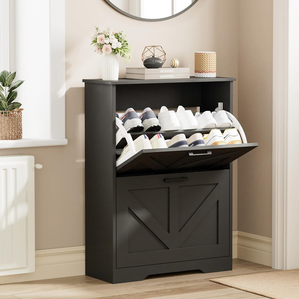 Farmhouse Shoe Cabinet with 2 Barn-Style Flip Drawers, Narrow Shoe Storage Organizer with Top Display Shelf