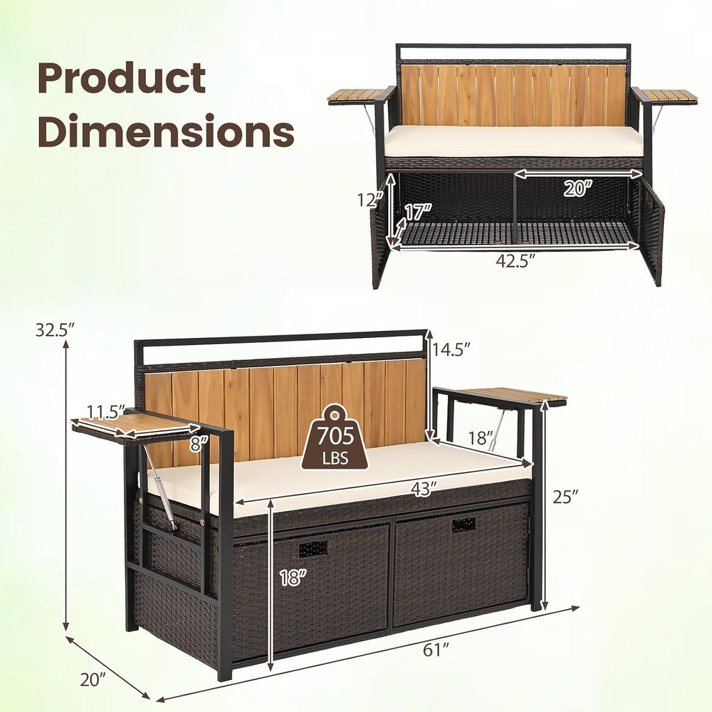 Outdoor Storage Bench, Outside Cushioned Loveseat Seating with Acacia Wood Backrest, 2 Folding Side Tables & 2 Doors