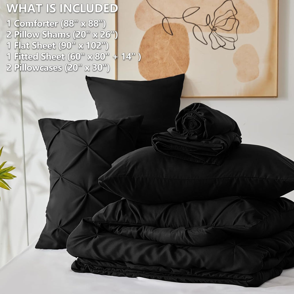 Comforter Set 7 Pieces Bed in A Bag Black Luxury Soft Bed Set Pintuck Pinch Pleat Bedding Sets