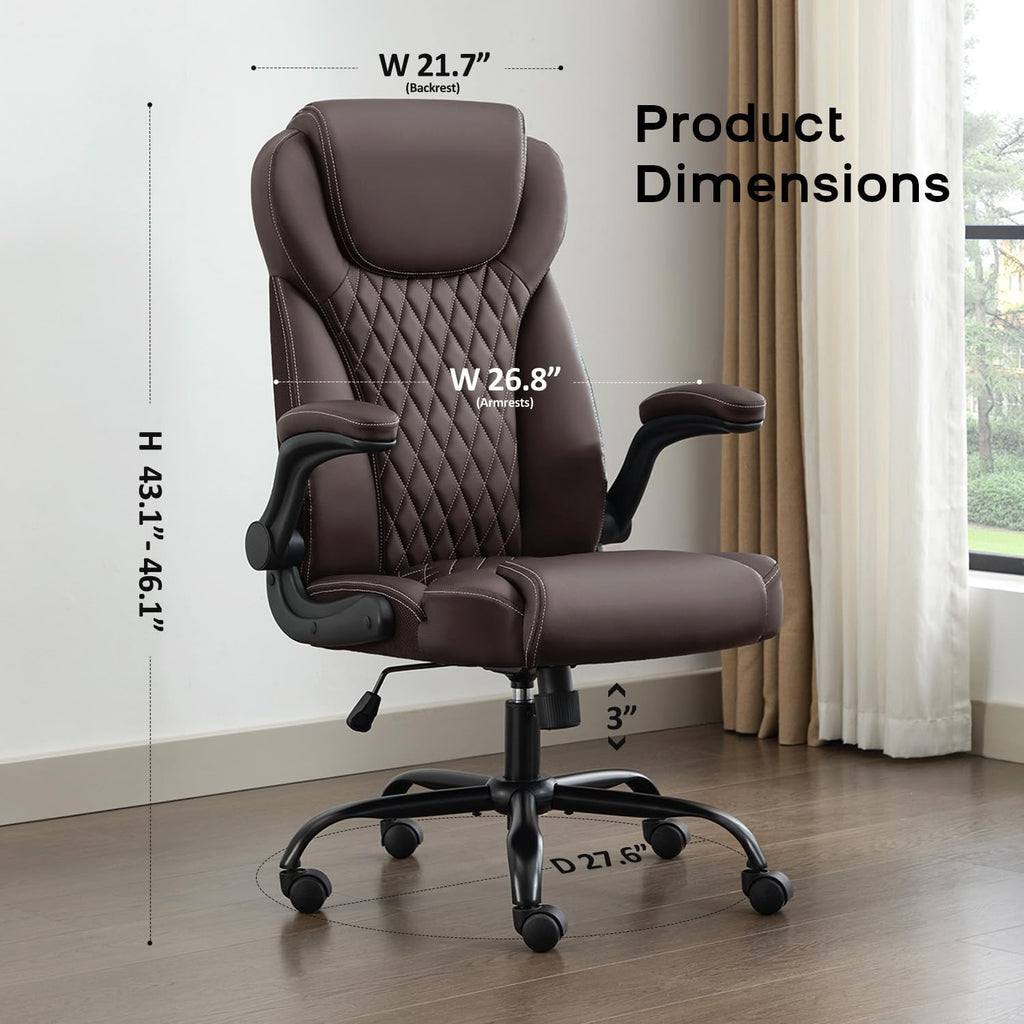 Executive PU Leather Chair, Ergonomic Computer Desk Chair with Lumbar Support and Adjustable Flip-Up Arms, Rocking