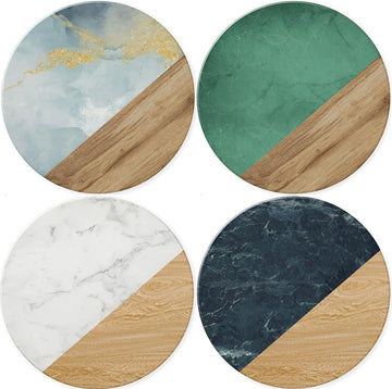 Diatomite Coasters Set, Marble & Wood, Absorbent, Diatomaceous Earth, Modern Home Decor & Accessories - Set of 4