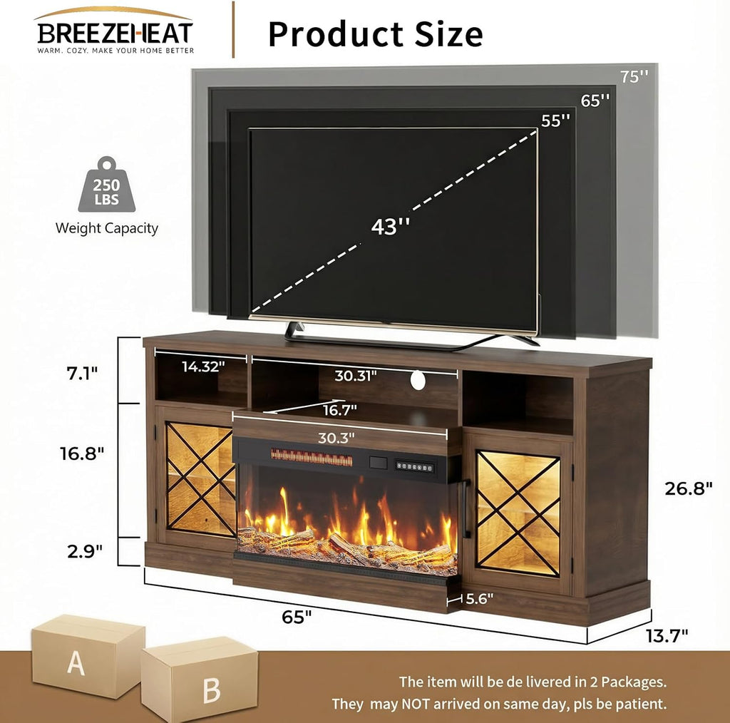 Fireplace TV Stand for TVs up to 75", 3-Sided Electric Entertainment Center with 30" LED Fireplace, Media Console