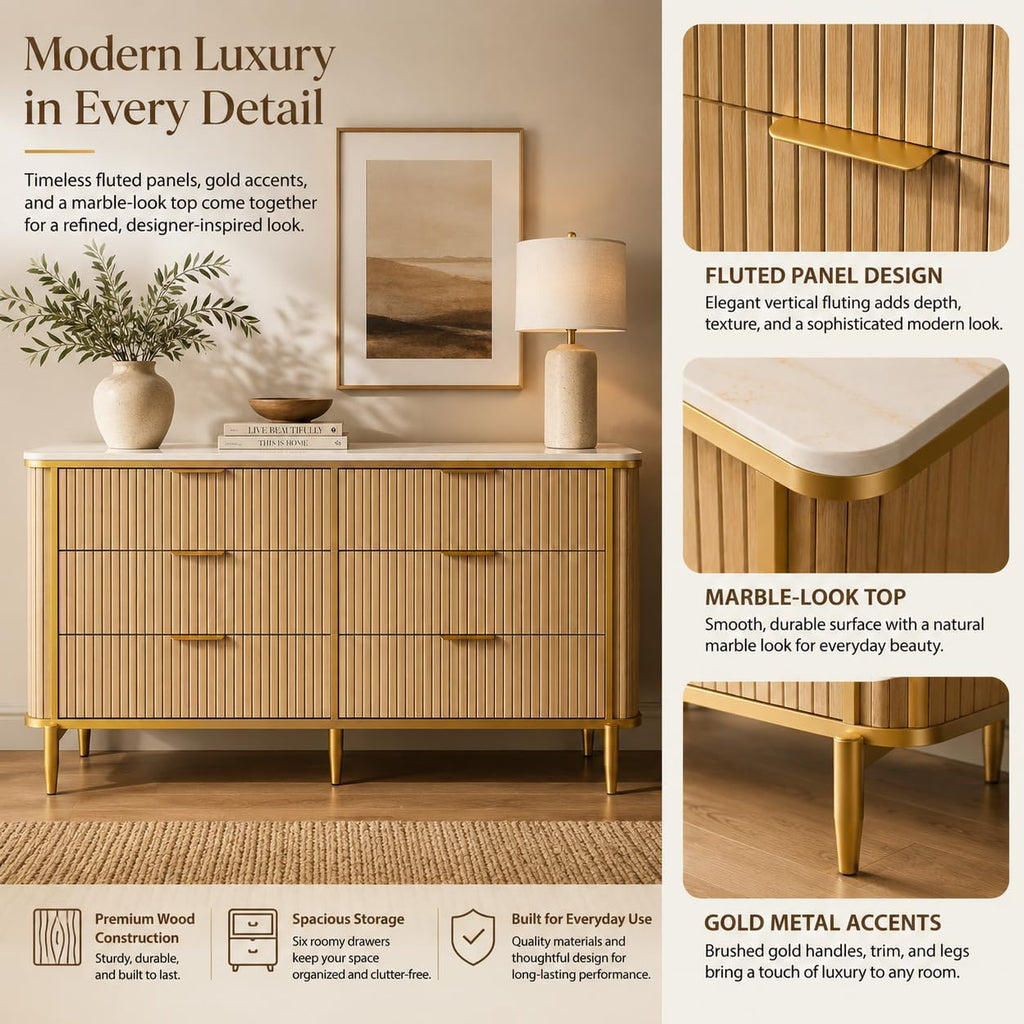 55.1" W 6 Drawer Dresser , Modern Fluted Wood Dresser with Marble-Look Top and Gold Accents, Double Chest of Drawers