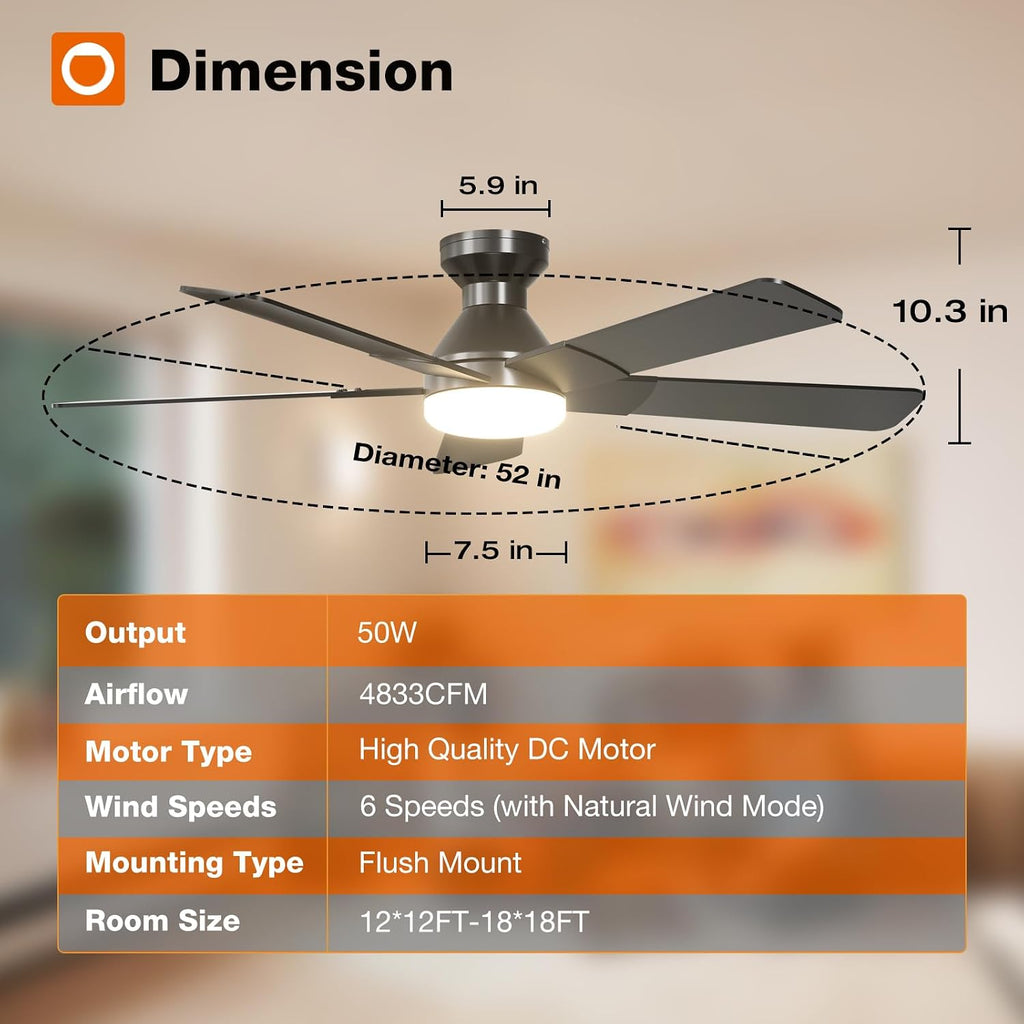 Ceiling Fans with Lights, 52 inch Low Profile Ceiling Fan with Light and Remote Control, Flush Mount, Reversible, 3CCT, Dimmable, Noiseless, Black Ceiling Fan for Bedroom, Indoor/Outdoor Use