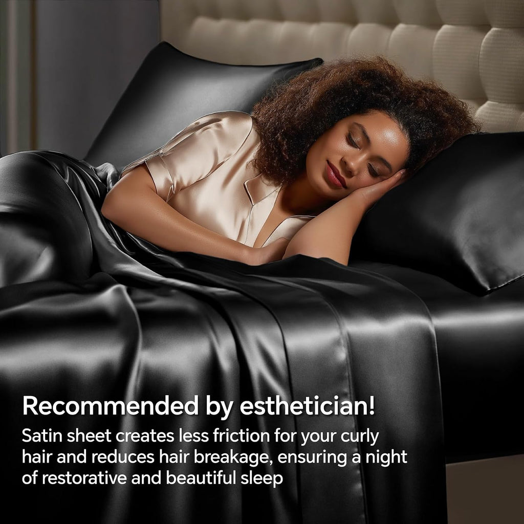 Satin Sheets Bed Set, Luxury Soft Black Silky Sheets for Hair and Skin, Similar to Silk Bed Sheets Set 4 Pieces