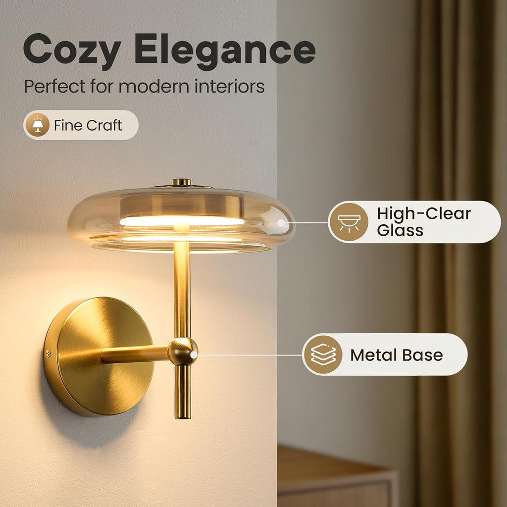 Modern Round Glass Wall Sconce in Brushed Gold, Contemporary Clear Glass Gold Sconce, Hardwired Indoor Wall Lighting