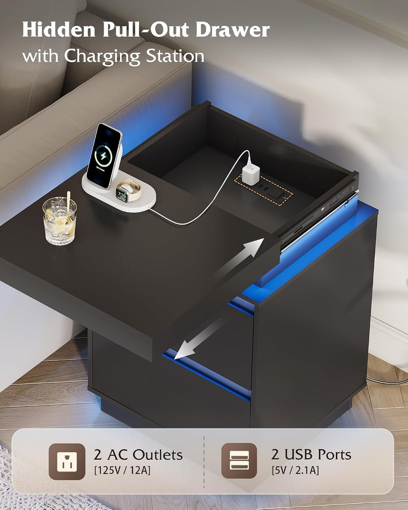 Black LED Nightstand with Charging Station, 26 Inches Night Stand with Sliding Top, 2 Drawers, 29 Colors and
